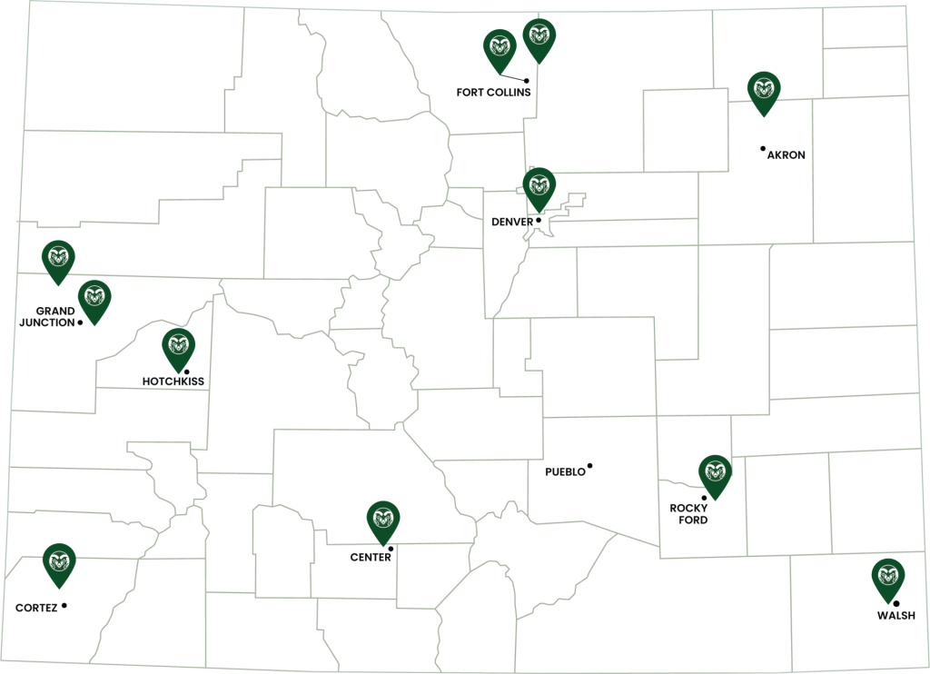 A map of Colorado with pins at each AES location